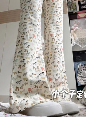 150小矮个子印花小狗窄版微喇叭裤女秋高腰阔腿拖地休闲裤xs显高