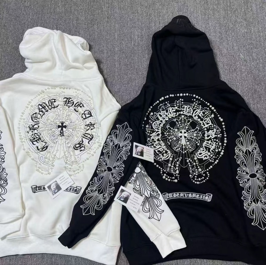 重磅克罗马蹄潮牌十字架潮流连帽卫衣刺绣珍珠梵文美式潮牌轻奢潮