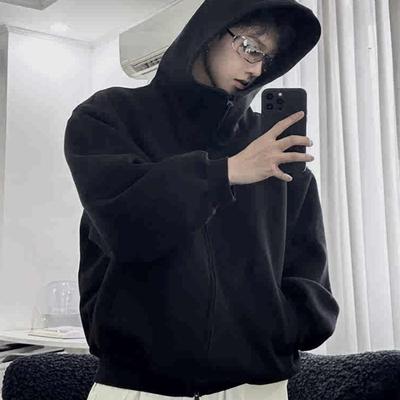 新款美式重磅黑色连帽卫衣男款秋冬加绒加厚痞帅高级cleanfit外套