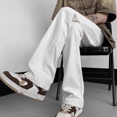 白色微喇牛仔裤男美式潮牌高街cIeanfit纯色百搭修身直筒休闲长裤