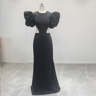 美国定制款女士连衣裙高级感泡泡袖露背晚礼服宴会缎面名媛订婚鱼