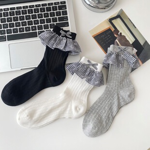 2026年春夏新款 子裙边韩版 蝴蝶结袜子女薄款 洋气甜美堆堆袜 JK风格