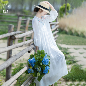 现货【茉香】夏季宽松连衣裙女圆领绣花白色长裙天丝苎麻轻薄裙子