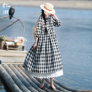 【云墨青黛】复古黑白格子连衣裙女装2026春季新款温柔气质棉麻裙