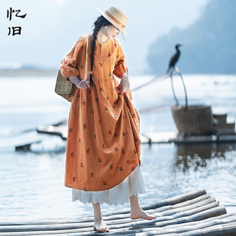 苎麻立体绣花长裙橘色文艺裙女春