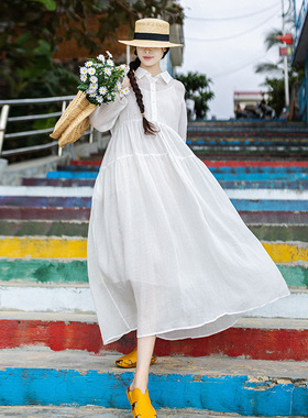 5折【清欢】白色衬衫连衣裙女夏薄款2024年新款苎麻长裙宽松裙子