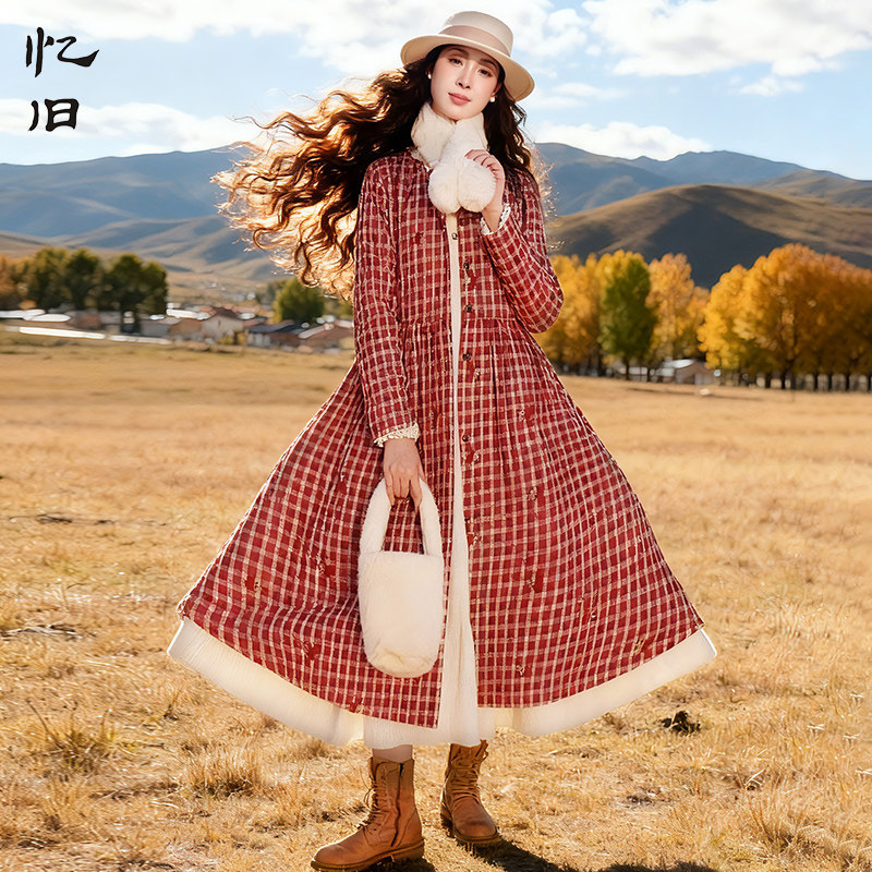 复古红格子圆领棉衣女冬季棉服款