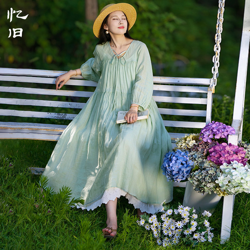 夏季苎麻连衣裙女款宽松绿色长裙