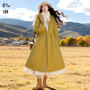 菱形格连帽棉服保暖系带收腰外套 复古棉衣女2025冬季 粼粼暖冬