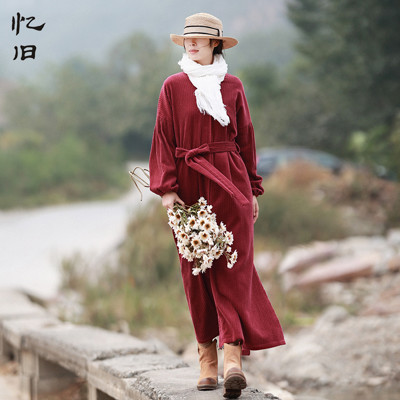 忆旧秋装灯芯绒风衣外套裙摆式2021新款纯棉红色长款风衣气质女装