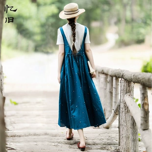 2022新款 零星蓝色 设计感连衣裙小众裙子 文艺亚麻背带裙女夏季
