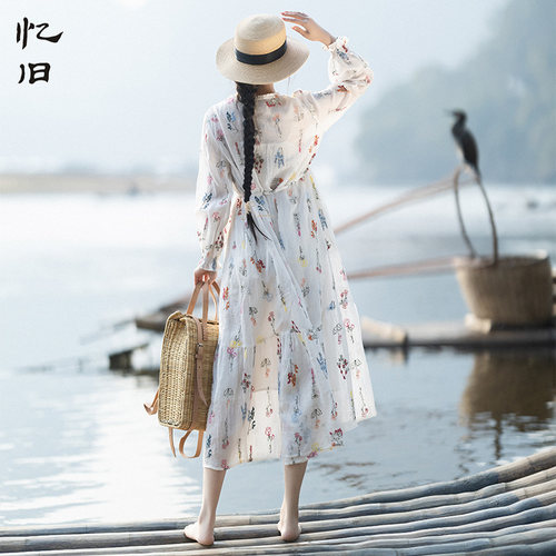 文艺宽松苎麻刺绣连衣长裙女夏季