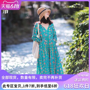 【六折出清】2021春夏新款改良汉服亚麻印花长款V领连衣裙女长裙