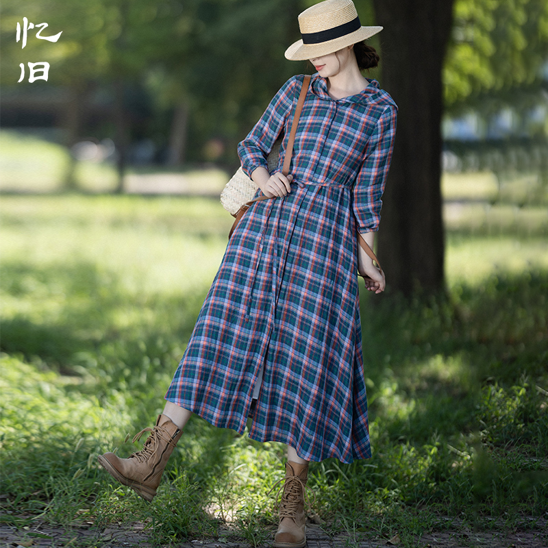 现货【青春绽放】复古亚麻蓝方格子风衣女秋季连帽收腰设计感外套