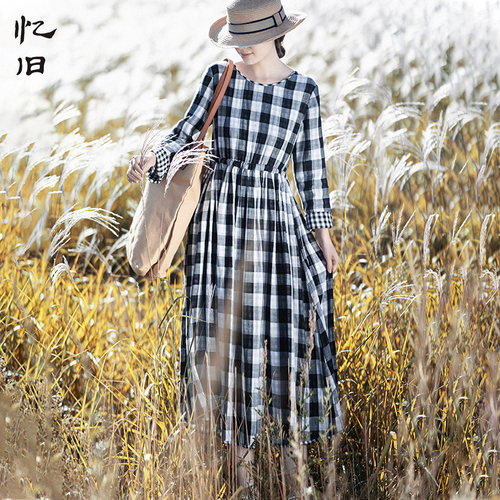 双层复合棉格子连衣裙女春季长裙
