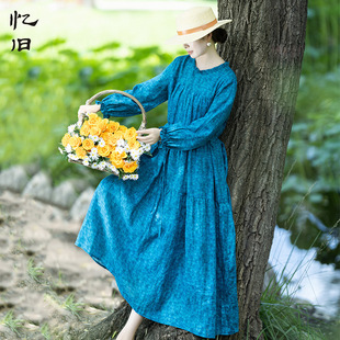 多色木耳边领系带长裙 复古苎麻印花连衣裙女夏季 7折 月光莫奈