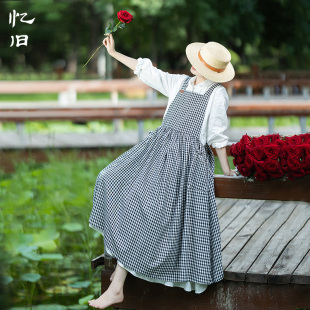 后腰系带裙子 方格子背带连衣裙浪漫亚麻长裙女夏季 现货 慵懒想