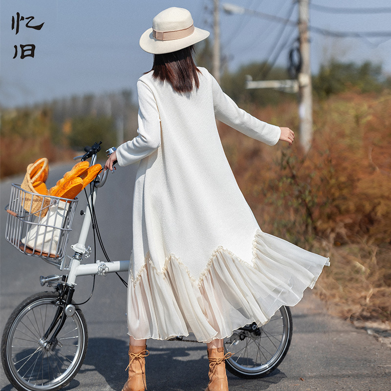 【松弛感】复古白色圆领针织连衣裙女春秋2024新款拼接荷叶边长裙