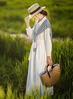 现货【一抹春天】春秋季衬衫领白色连衣裙女新款九分袖木耳边长裙