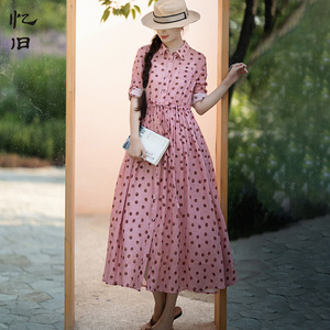 D现货【柔情】苎麻连衣裙女薄款2025新款夏季波点长裙气质衬衫裙