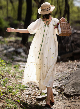 现货【周末踏青】圆领插肩短袖连衣裙女夏季天丝绣花宽松大摆长裙