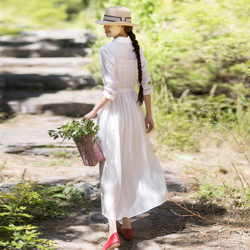 忆旧衬衫连衣裙女长袖夏季2023年新款气质白色长裙高级感宽松裙子