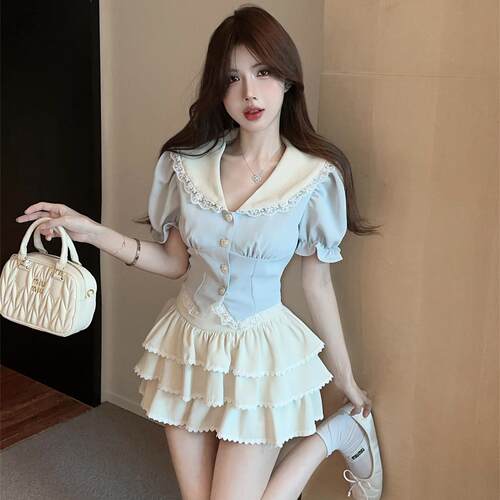 夏季学院风甜美海军领jk套装裙女