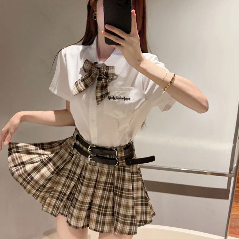 学院风jk制服女夏季设计感纯欲甜辣短款polo领衬衫高腰百褶裙套装