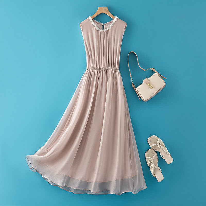 订珠真丝连衣裙女2023夏新款高端精致小众设计感无袖气质桑蚕丝裙