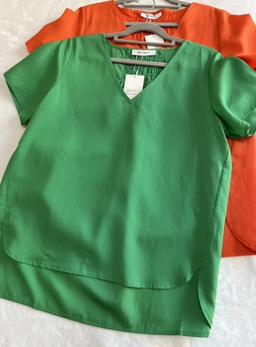 欧单尾货re 女生夏季BV绿/橙色 短袖宽松V领 亚麻混纺 衬衫T恤