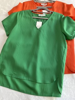欧单尾货re 女生夏季BV绿/橙色 短袖宽松V领 亚麻混纺 衬衫T恤