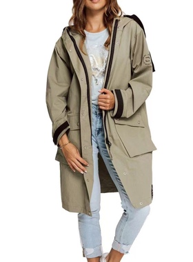 德单ZH 好版型 女生春秋纯棉军绿色 长款连帽 直筒帅气工装风衣