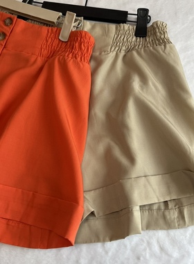 欧单尾货re 女生夏季 卡其/橙色亚麻混纺松紧打揽短裤裙裤