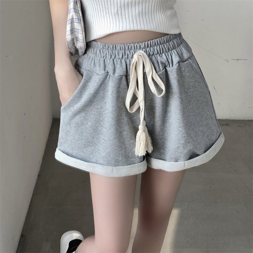 Real shooting fish scale summer clothes woven belt drawstring shorts women's wide leg pockets are popular