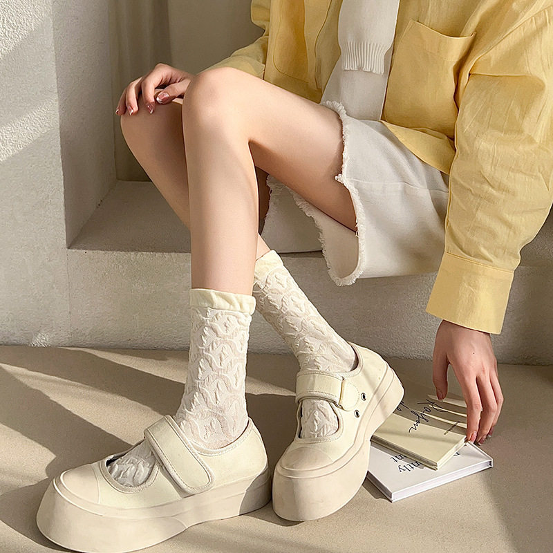 白色中筒袜子女ins风木耳花边春夏季薄款jk日系大童长袜配乐福鞋