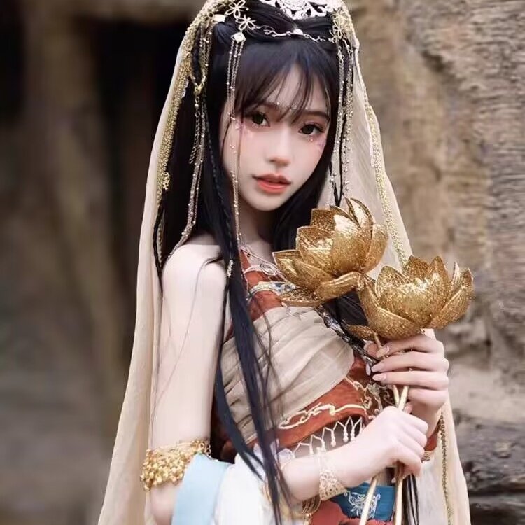 古风汉服拍照道具创意古装敦煌风摄影手拿道具花仿真金色莲花荷花