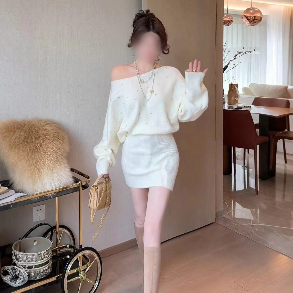 法式小香风重工烫钻斜肩针织连衣裙女早秋新款时尚修身显瘦包臀裙,女装/女士精品,连衣裙,淘宝优惠券,粉丝福利购,淘宝优惠卷