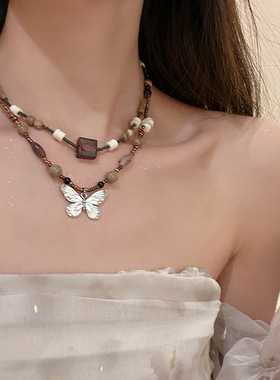 国潮新中式咖色方块蝴蝶串珠项链女宽复古文艺小众高级感古风配饰