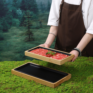 密胺盘子凑凑火锅涮肉盘羊肉牛肉盘带竹木底座雪花肥牛盘餐具套装