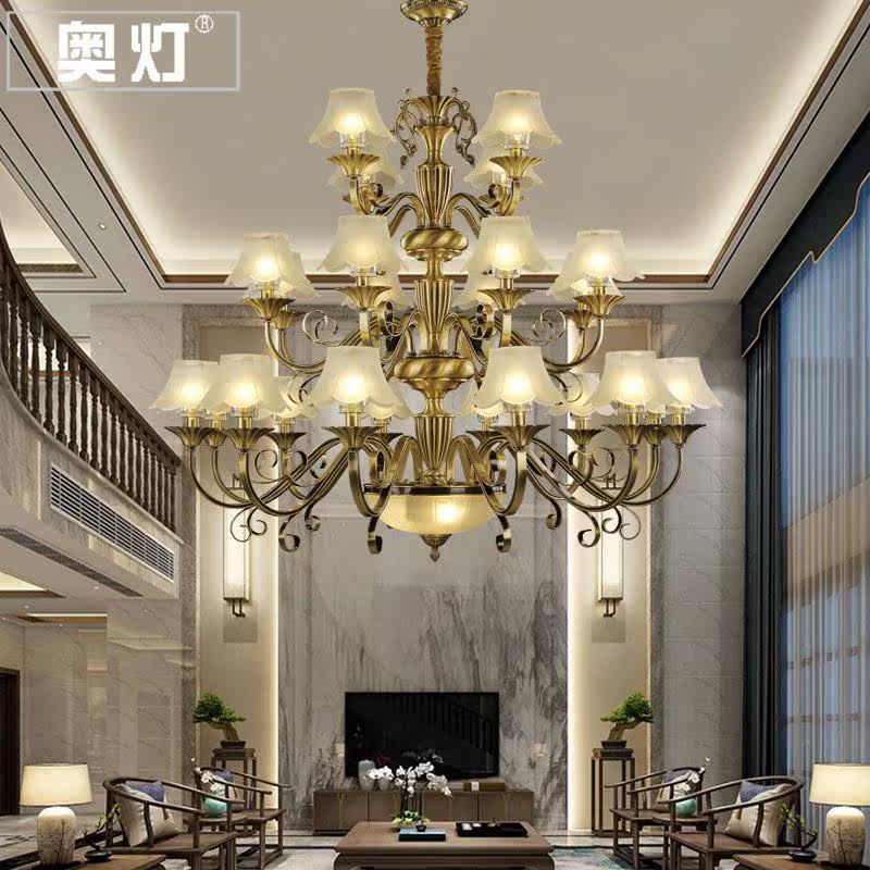 奥灯欧式花枝别墅客厅大气复式楼酒店中空楼梯全铜三层长吊灯5215
