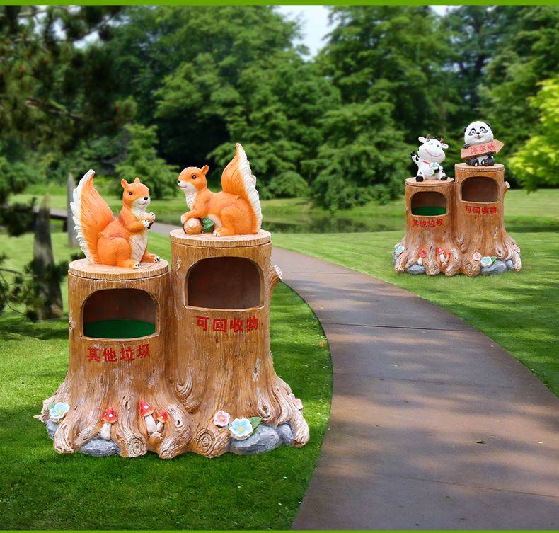 户外玻璃钢卡通景观垃圾桶雕塑学校小区幼儿园树桩果皮箱双桶分类