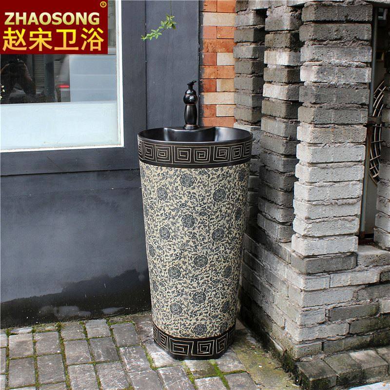 赵宋中式复古一体式立柱盆卫生间落地式洗手盆阳台洗脸盆厕所户外