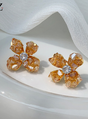 高级感超闪橙色水晶花朵耳钉女小众设计气质网红2025新款爆款耳饰
