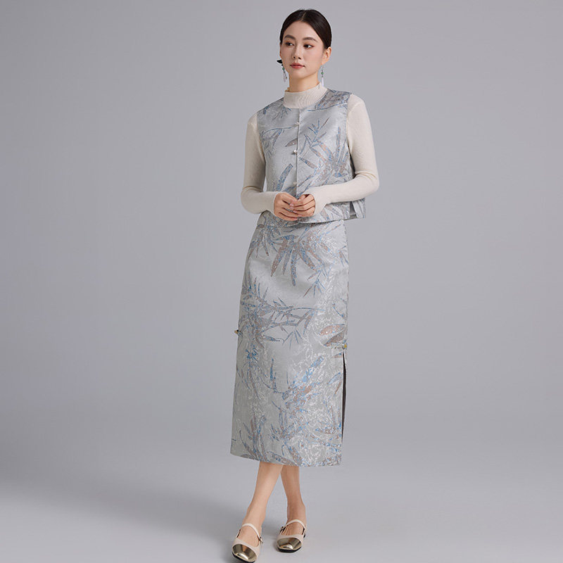 叶央新中式女装复古外搭马甲气质高级感缎面提花A版半身长裙套装