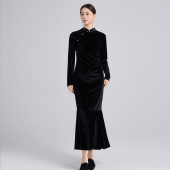 叶央秋冬金丝绒日常打底连衣裙新中式 复古黑色鱼尾旗袍裙中长礼服