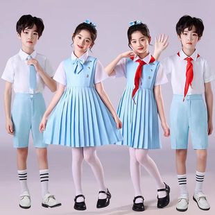 儿童合唱朗诵演出服女童中小学生诗歌蓝色六一红领巾演讲比赛礼服
