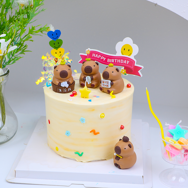 软胶洗澡水豚Q版造型4件套儿童生日派对蛋糕装饰可爱卡皮巴拉摆件