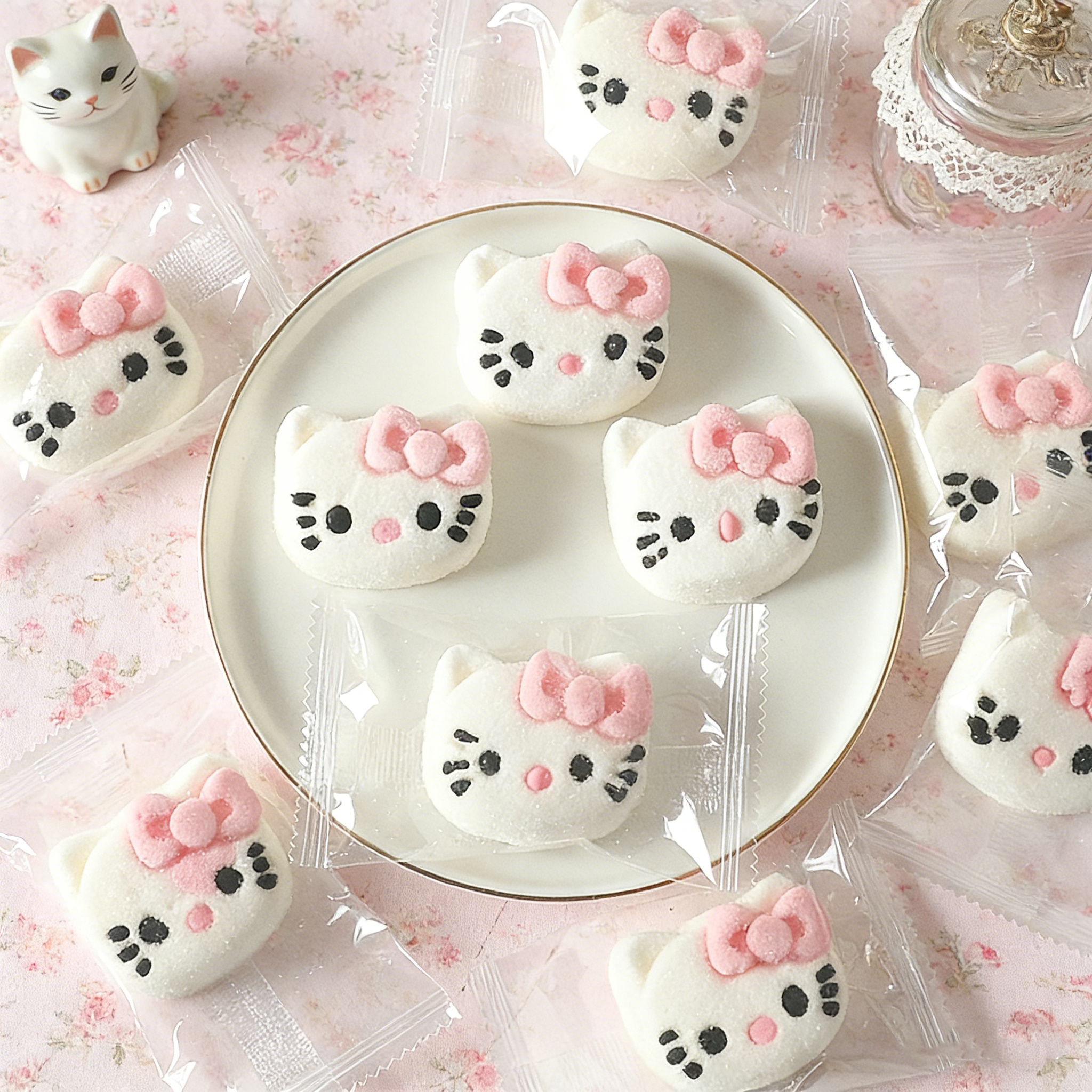 网红祈福kt猫棉花糖可爱粉色蝴蝶结猫猫棉花糖小蛋糕甜品装饰摆件