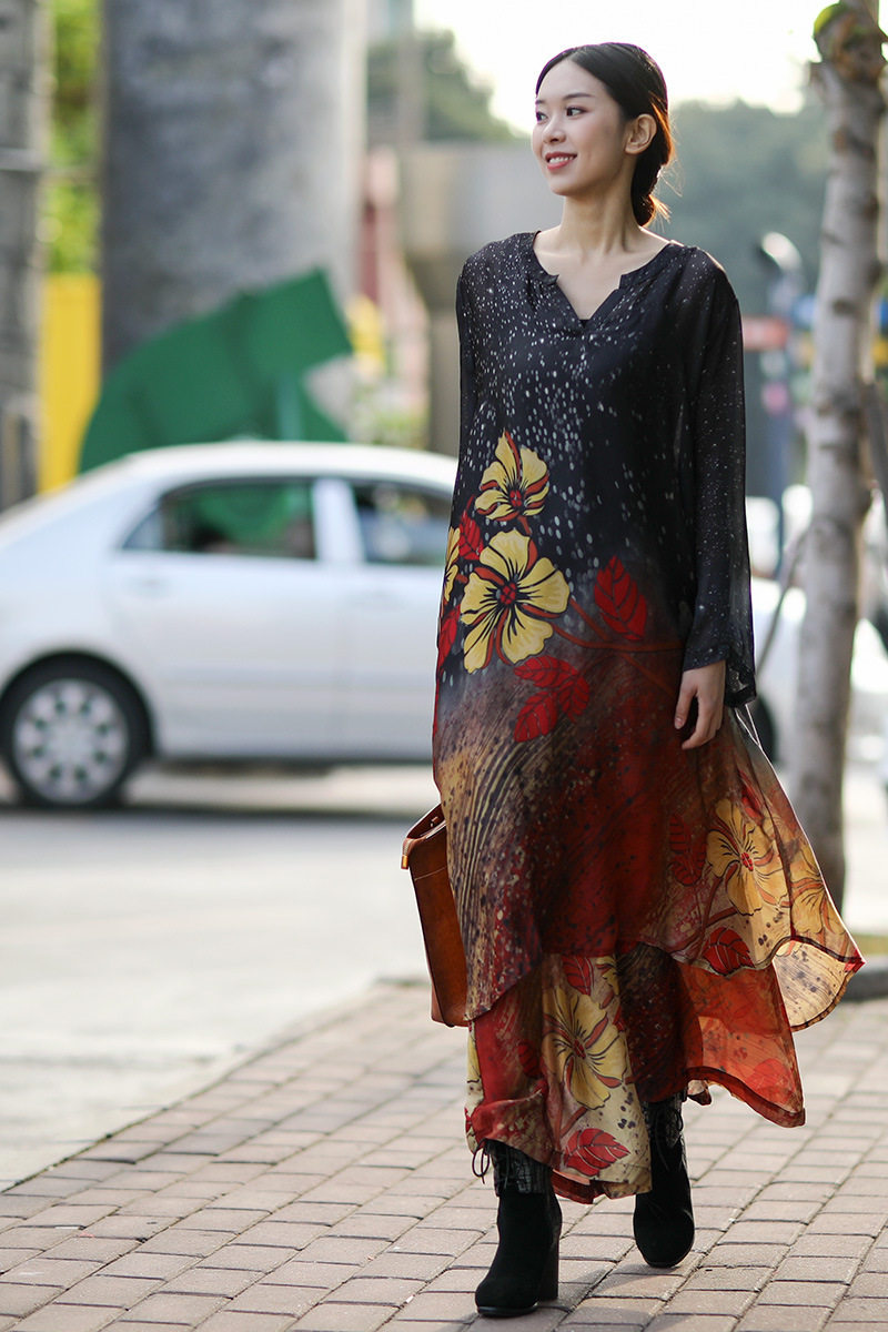 2020春夏大码阔太太真丝连衣裙套装印花宽松长款上衣阔腿裤两件套