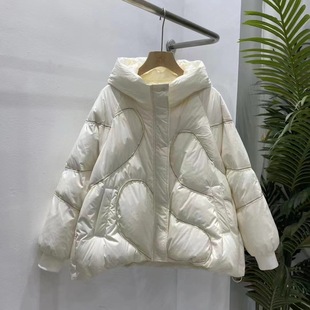 简约2023冬季新款文艺压线设计白鸭绒连帽羽绒服女士加厚外套